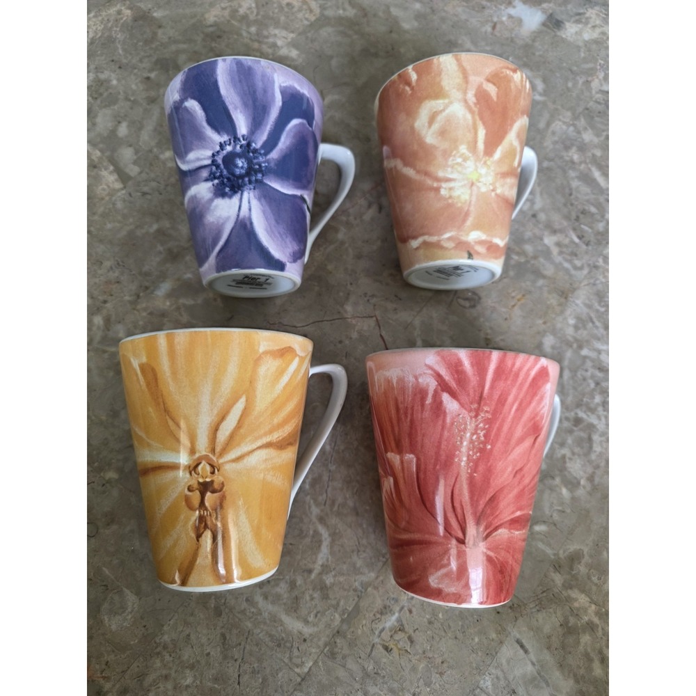 Pier 1 Stoneware Watercolor Blooms Set Of 4 Coffee Mugs Whimsical Cottage Floral
